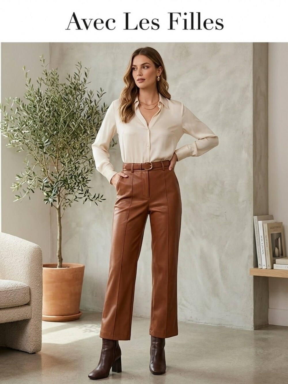 Avec Les Filles Wide-Leg Faux Leather Pants in Cognac Brown